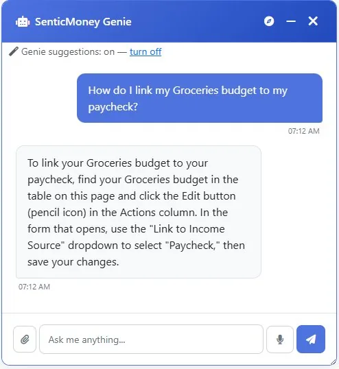 The Genie chat panel answering a setup question